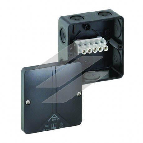 Розподільча коробка Abox-i 040-4² (93x93x55), клема 5пол.х4мм² (4х1,5²/4х2,5²/3х4² на кожний пол.), полікарбонат, метрич. введеня-8 місць (7-М20, 1-М20 на днищі), IP65 чорна, Spelsberg